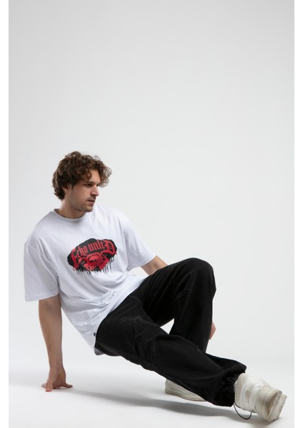 Rockefella Beyaz Bisiklet Yaka Baskılı Oversize Erkek Tshirt modelleri