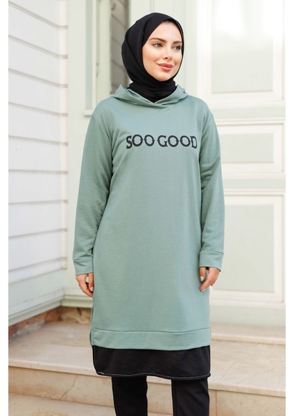 Good Baskı Kapüşonlu Tunik 1284 - Mint