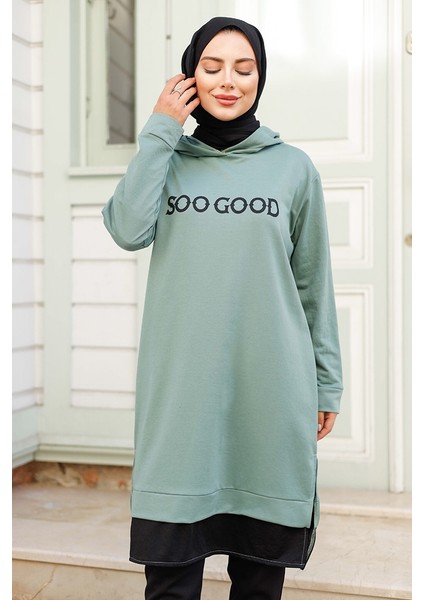 Good Baskı Kapüşonlu Tunik 1284 - Mint