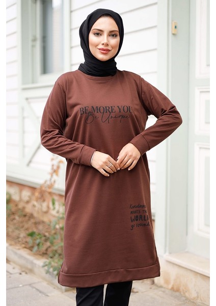 More You Baskı Tunik 1285 - Acı Kahve