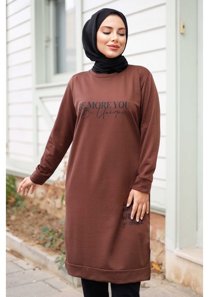 More You Baskı Tunik 1285 - Acı Kahve