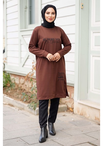 More You Baskı Tunik 1285 - Acı Kahve