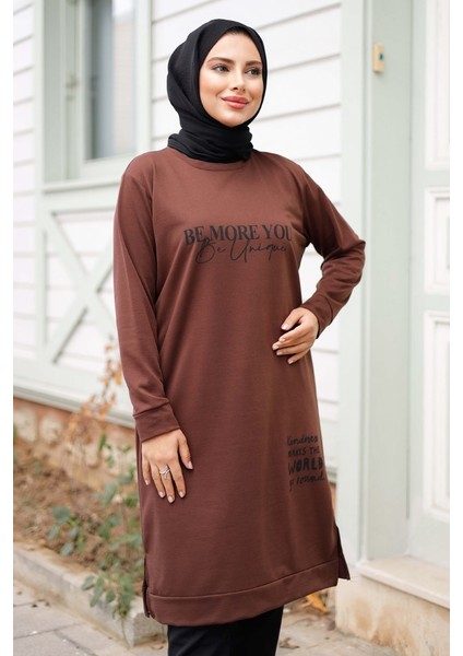 More You Baskı Tunik 1285 - Acı Kahve