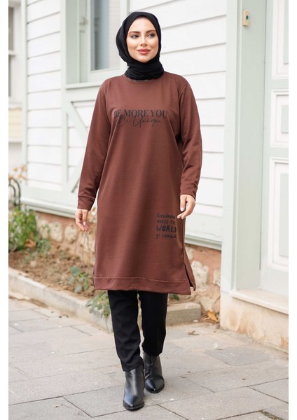 More You Baskı Tunik 1285 - Acı Kahve