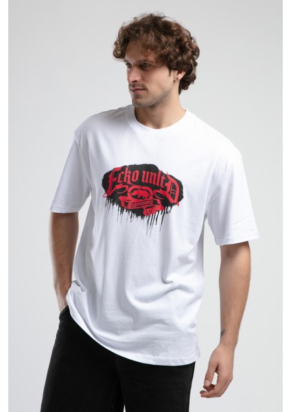 Rockefella Beyaz Bisiklet Yaka Baskılı Oversize Erkek Tshirt fiyatları