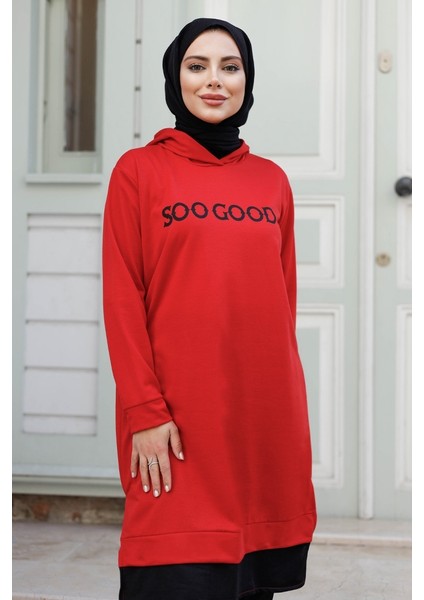 Good Baskı Kapüşonlu Tunik 1284 - Kırmızı