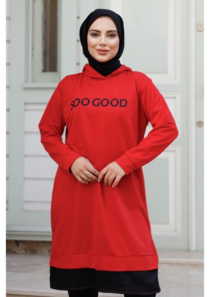 Good Baskı Kapüşonlu Tunik 1284 - Kırmızı