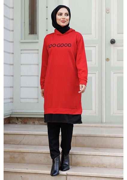 Good Baskı Kapüşonlu Tunik 1284 - Kırmızı