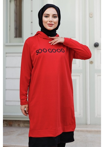 Good Baskı Kapüşonlu Tunik 1284 - Kırmızı