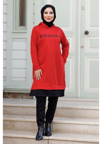Good Baskı Kapüşonlu Tunik 1284 - Kırmızı