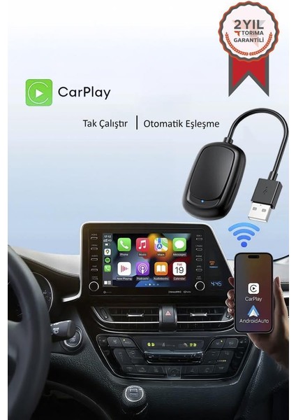 X8 Mini Kablosuz Carplay USB ve Type-C Uyumlu Araç Multimedya Dönüştürücü Adaptörü