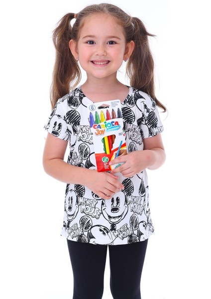 Summer Mickeyli Kız Çocuk T-Shirt (Boyanabilir Kalemleri Hediye ! Yıkama Sonrası Leke Bırakmaz)
