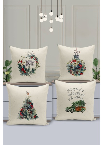 4'lü Kırlent Kılıf Seti Yılbaşı Christmas Deseni Çift Taraflı Dijital Baskılı