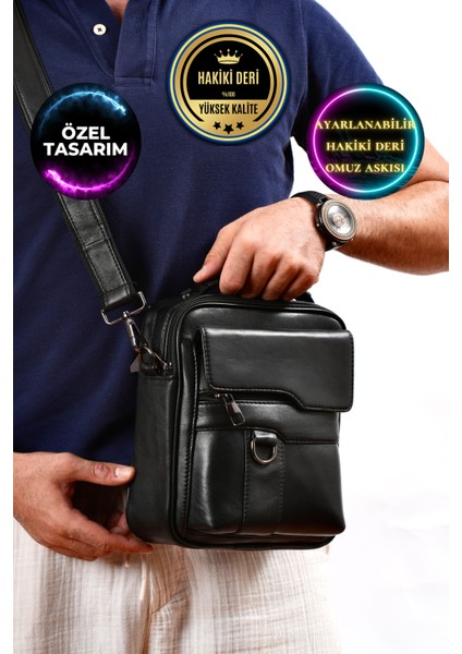 Wiexer Siyah Deri Erkek El ve Omuz Çantası