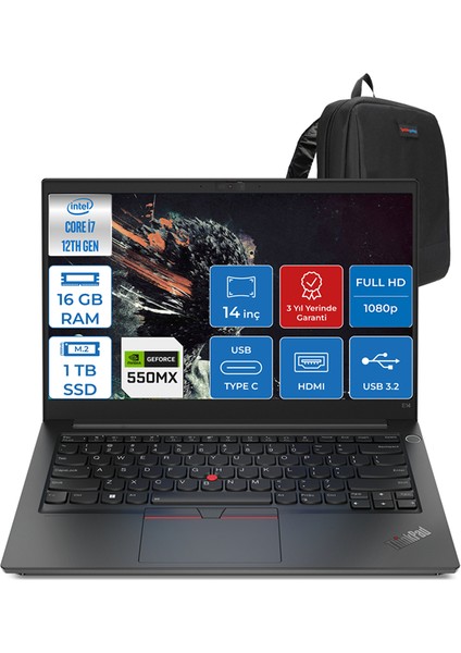 Thinkpad E14 G4 Intel Core I7-1255U 16GB 512GB + 512GB SSD 2GB/MX550 14" IPS Fhd Freedos Taşınabilir Bilgisayar 21E3S0S60F02 + Zettaçanta