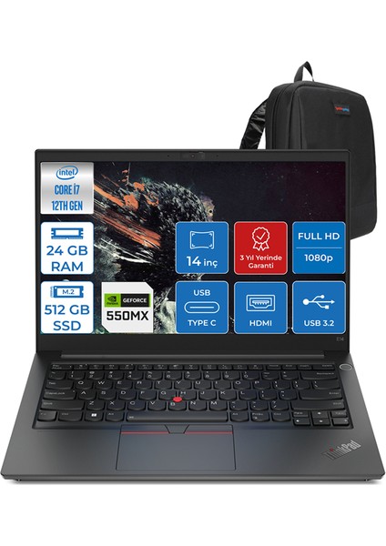 Thinkpad E14 G4 Intel Core I7-1255U 24GB 512GB SSD 2GB/MX550 14" IPS Fhd Freedos Taşınabilir Bilgisayar 21E3S0S60F03 + Zettaçanta