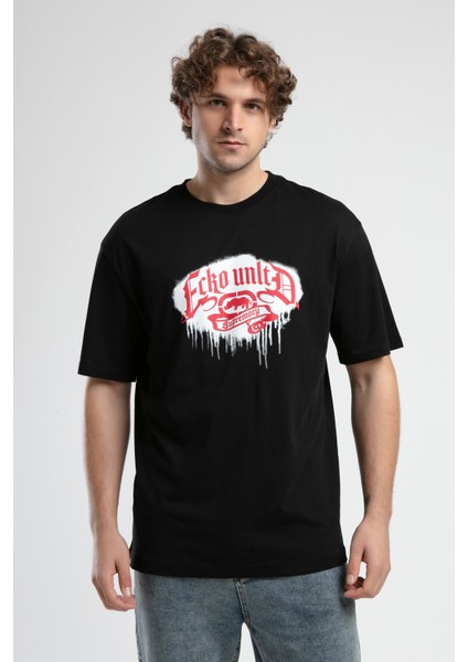 Rockefella Siyah Bisiklet Yaka Baskılı Oversize Erkek Tshirt
