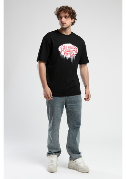 Rockefella Siyah Bisiklet Yaka Baskılı Oversize Erkek Tshirt