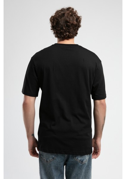 Rockefella Siyah Bisiklet Yaka Baskılı Oversize Erkek Tshirt