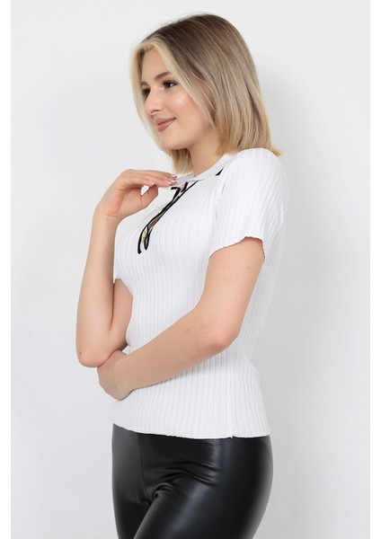 Kadın Triko Bluz Polo Yaka Düğmeli Kısa Kol Beyaz modelleri