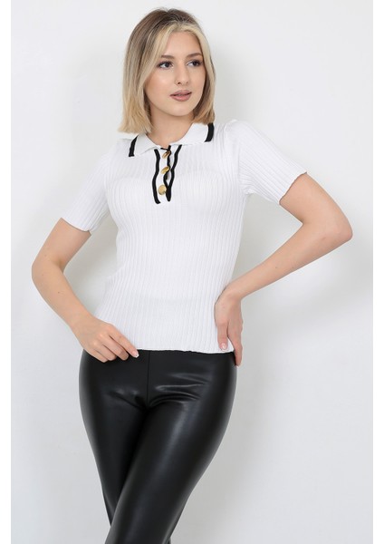 Kadın Triko Bluz Polo Yaka Düğmeli Kısa Kol Beyaz fırsatları