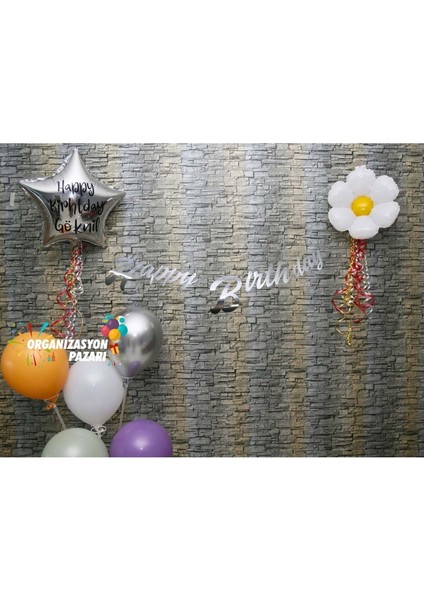 Gümüş Renkli Metalik Happy Birthday El Yazısı Banner