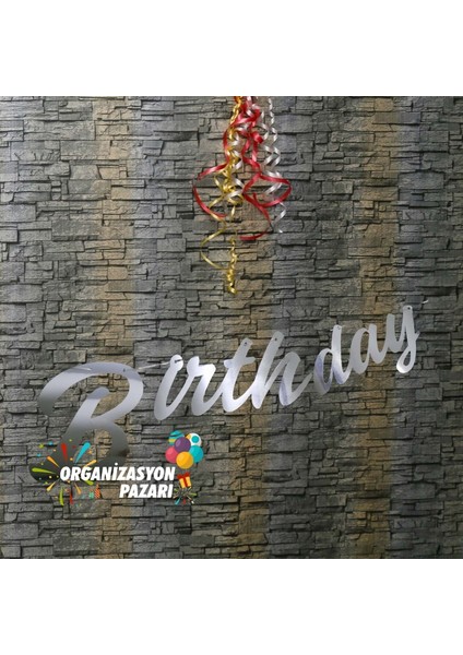 Gümüş Renkli Metalik Happy Birthday El Yazısı Banner modelleri
