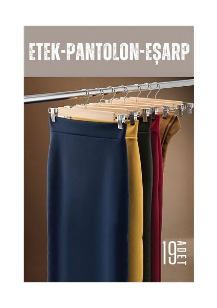 Modacar Etek Pantolon Eşarp Kıskaçlı Askı 19 Adet Ahşap