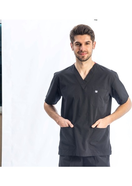 Doktor Hemşire Diş Hekimi Sağlıkçı Nöbet V Yaka Forma Üst Ceket Siyah Erkek