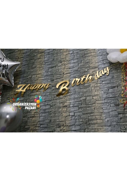 Gold Renkli Metalik Happy Birthday El Yazısı Banner