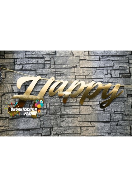 Gold Renkli Metalik Happy Birthday El Yazısı Banner modelleri