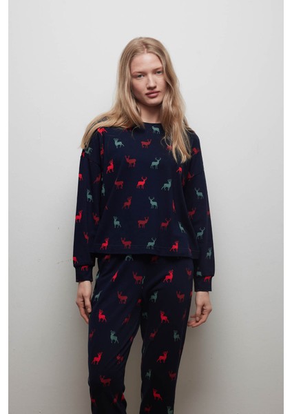 Kadın Pamuklu Belden Bağlamalı Uzun Kollu Pijama Üstü