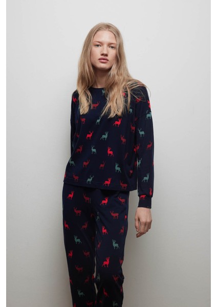 Kadın Pamuklu Belden Bağlamalı Uzun Kollu Pijama Üstü
