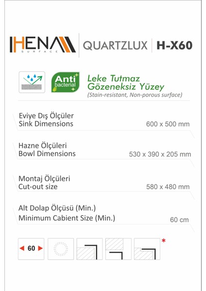 Granit Eviye 1 Gözlü Gri 60 x 50 Kuvars fırsatları