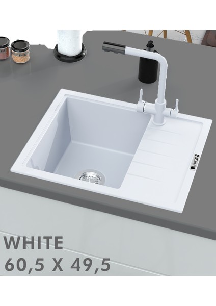 Granit Eviye 1 Gözlü Damlalıklı Beyaz 60 x 50 Kuvars