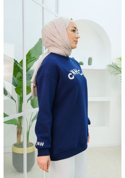 Nakış Detaylı Oversize Sweat Lacivert