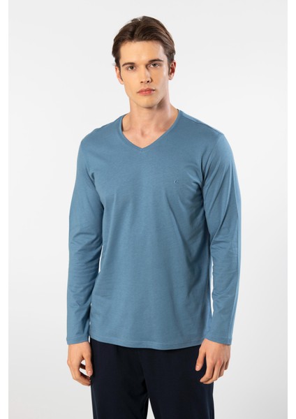 Erkek V Yaka Uzunkol Pijama Takım, %50 Modal, %50 Pamuk Alt Pijama Ceplidir