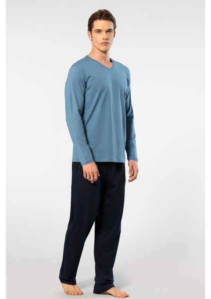 Erkek V Yaka Uzunkol Pijama Takım, %50 Modal, %50 Pamuk Alt Pijama Ceplidir