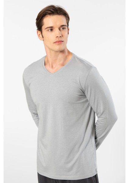 Erkek V Yaka Uzunkol Pijama Takım, %50 Modal, %50 Pamuk Alt Pijama Ceplidir