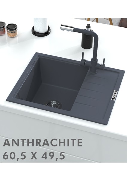 Granit Eviye 1 Gözlü Damlalıklı Antrasit 60 x 50 Kuvars