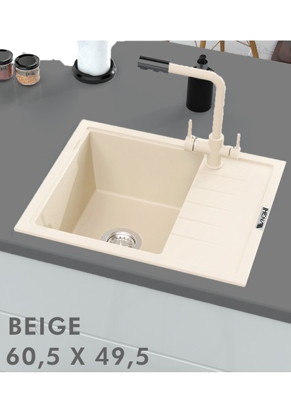 Granit Eviye 1 Gözlü Damlalıklı Bej 60 x 50 Granit Evye Kuvars