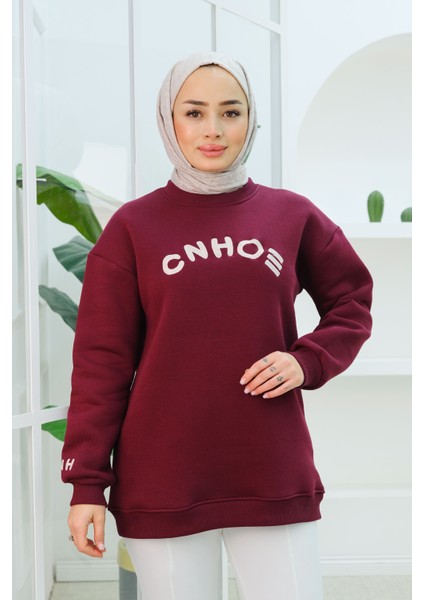 Nakış Detaylı Oversize Sweat Bordo