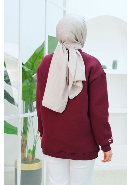 Nakış Detaylı Oversize Sweat Bordo