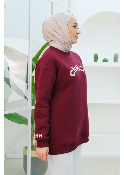 Nakış Detaylı Oversize Sweat Bordo