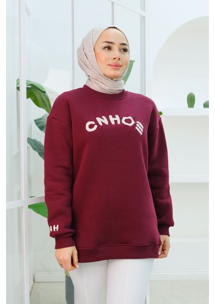 Nakış Detaylı Oversize Sweat Bordo