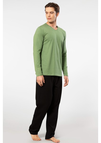 Erkek V Yaka Uzunkol Pijama Takım, %50 Modal, %50 Pamuk Alt Pijama Ceplidir