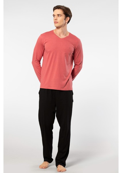 Erkek V Yaka Uzunkol Pijama Takım, %50 Modal, %50 Pamuk Alt Pijama Ceplidir