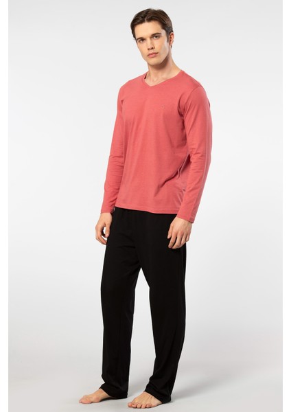 Erkek V Yaka Uzunkol Pijama Takım, %50 Modal, %50 Pamuk Alt Pijama Ceplidir