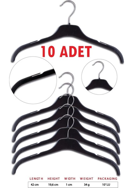 10 Adet Plastik Elbise Askısı Çentikli Döner Başlıklı Kıyafet Askı 42 cm fiyatları