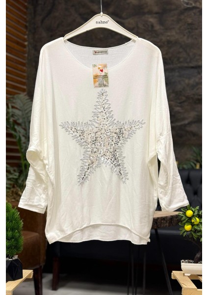 Yıldız Pullu Kayık Yaka Oversize Ithal Bluz